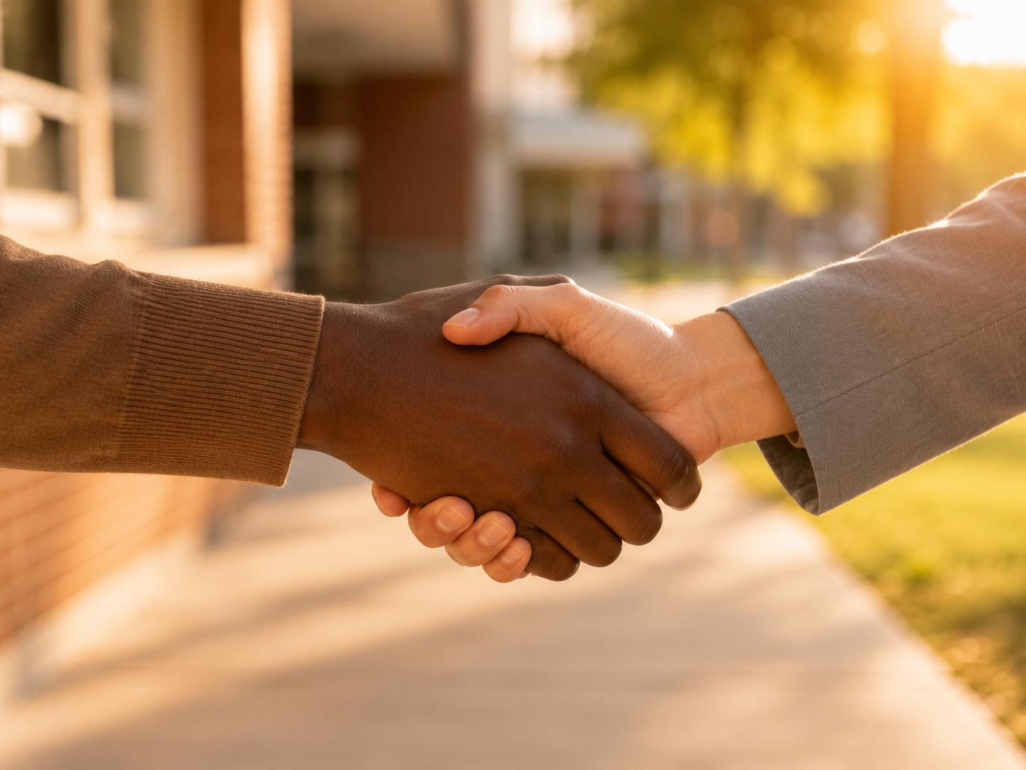 Two people shaking hands in front of a school — a symbol of partnership