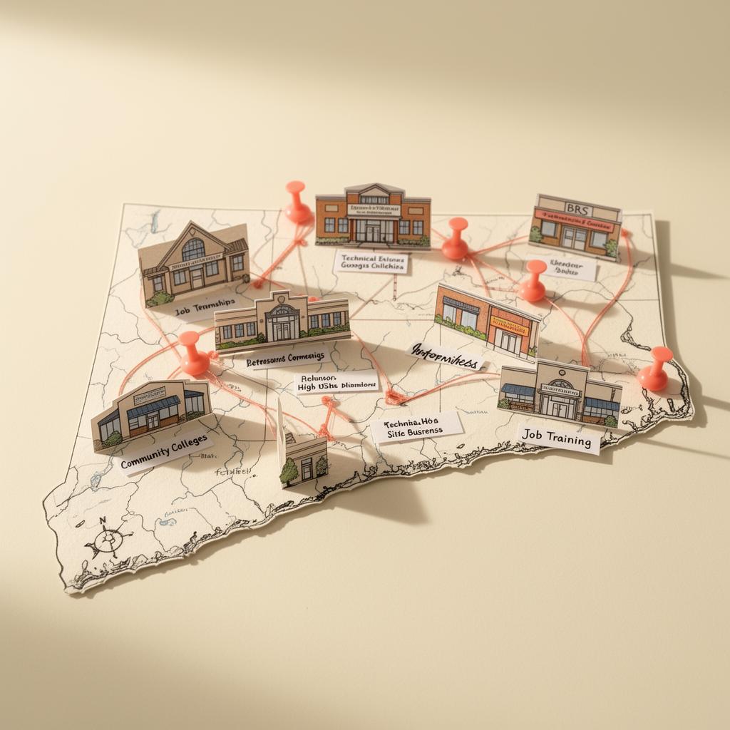 A hand-drawn paper map with tiny architectural cutouts and coral pin markers